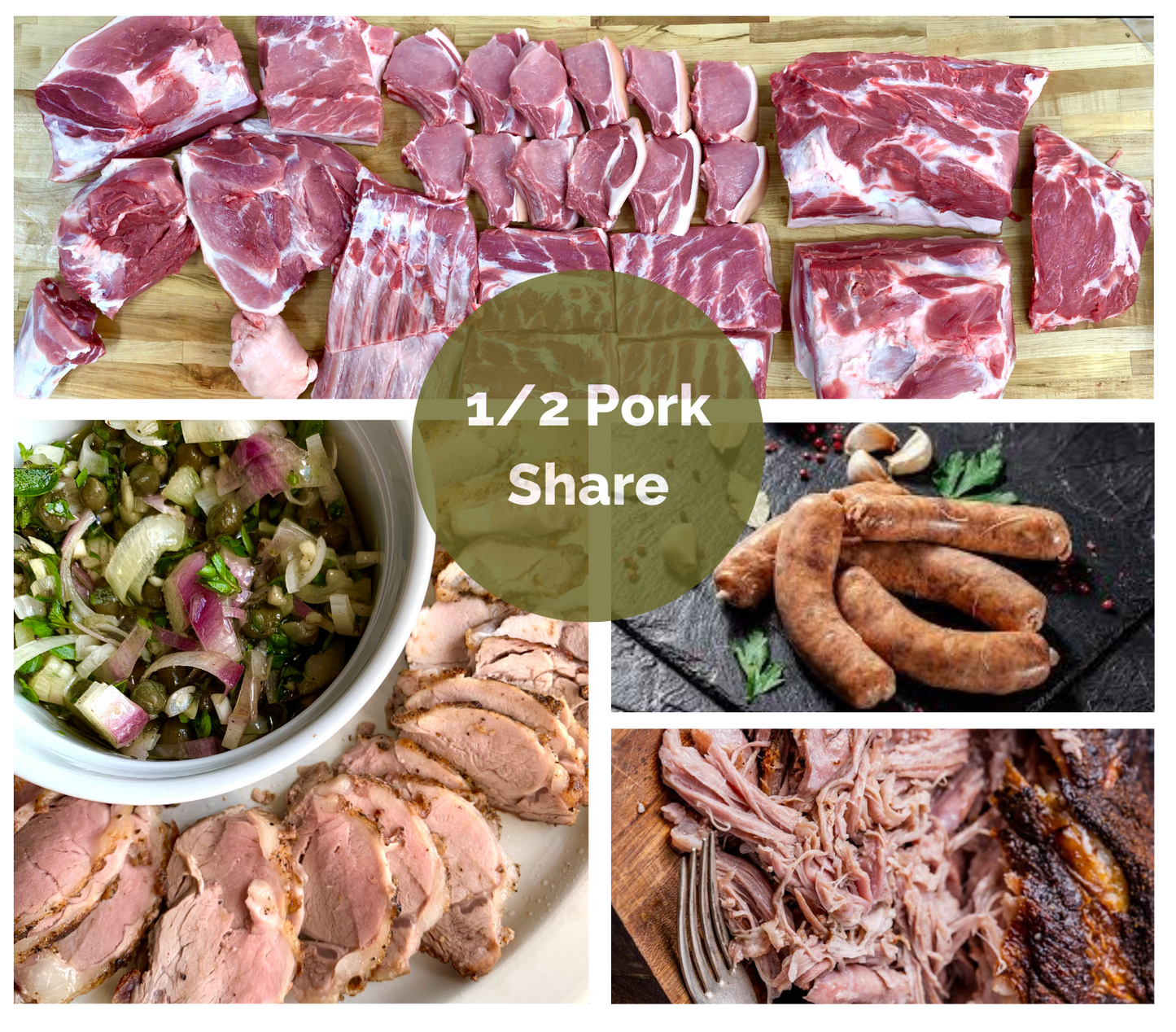 A collage image showing examples of pork, cooked and uncooked, including a half of pig cut into portions on a butcher block table, pork tenderloin with fresh herbs, pork sausage links, and pulled pork shoulder.