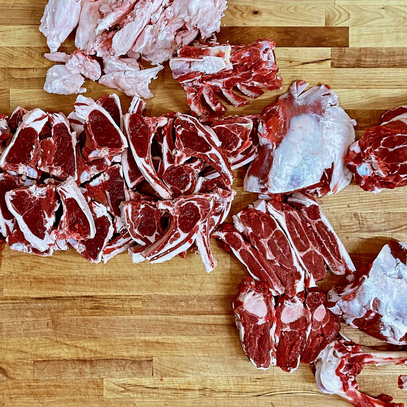 Delicious pasture-raised lamb on butcher table