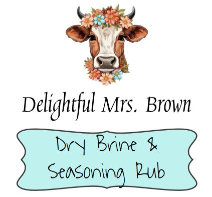 Logo for Delightful MRs. Brown Dry Brine & Seasoning Rub with a brown cow with small horns wearing a crown and necklace of various pastel colored daisies